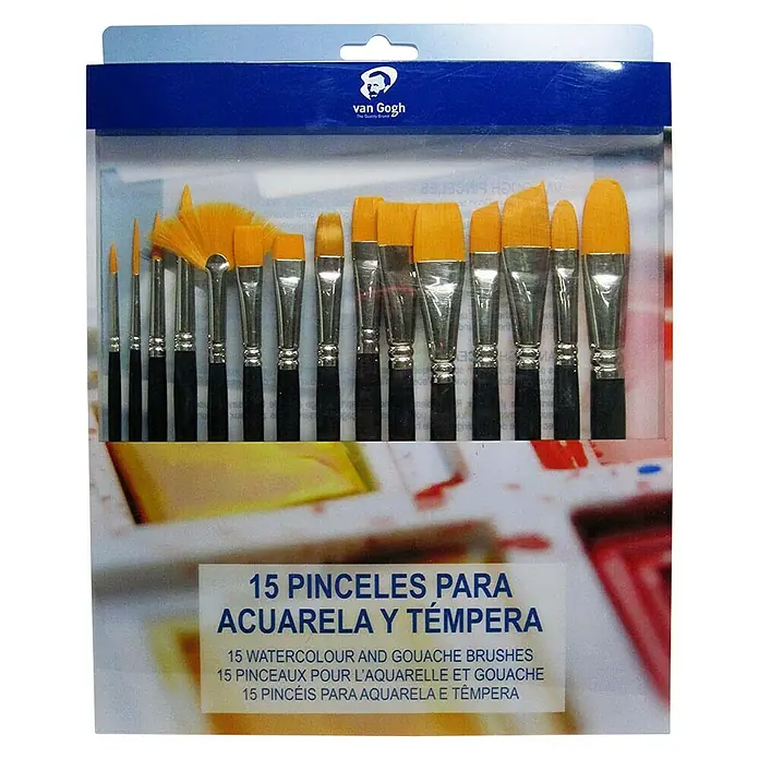 Talens Set de pinceles de cerdas Short - 15 pzs. - El set de pinceles Van Gogh para acuarela y gouache incluye 15 pinceles en surtido de tamaños y formas para versatilidad artística.
