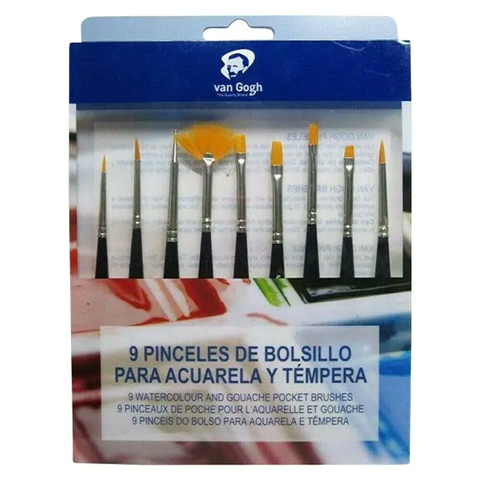 Talens Set de pinceles artísticos Mini - 9 pzs. - Imagen de un set de pinceles para acuarela "van Gogh", con 9 pinceles de diferentes formas y tamaños para detalles finos.