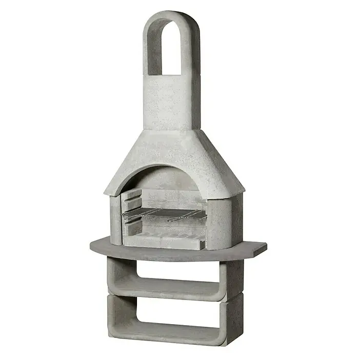 Buschbeck Grillkamin Capri - Hauptgrillfläche: 54 x 34 cm, Feuerfester Leichtbeton - Grauer Betongrill mit Grillrost und Ablageflächen. Ideal für gemütliche Grillabende im Freien.
