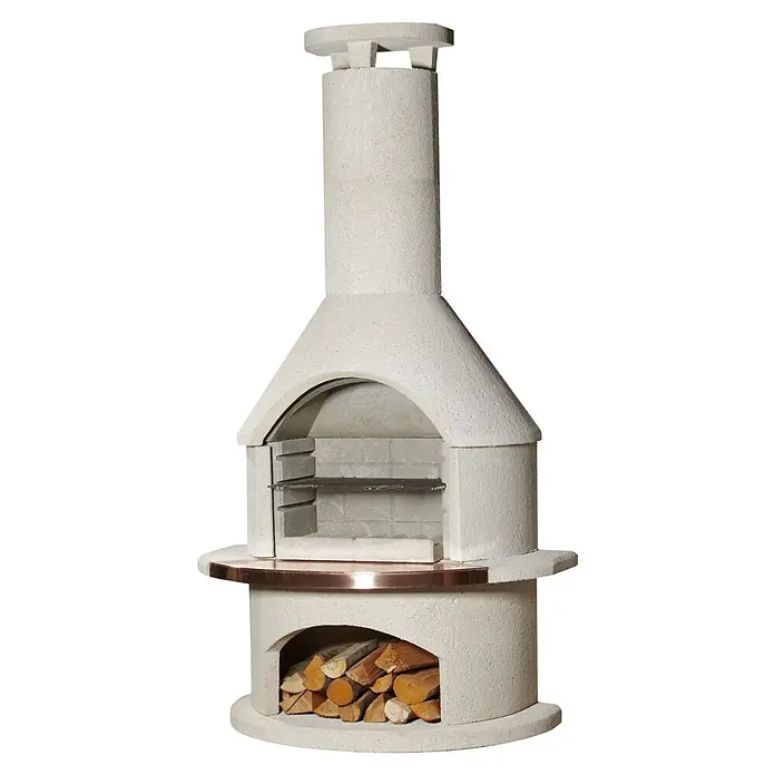 Buschbeck Grillkamin Rondo - Feuerfester Leichtbeton, Hauptgrillfläche: 54 x 34 cm - Freistehender Außenkamin aus Stein mit Holzscheitlagerung für gemütliche Stunden im Freien.