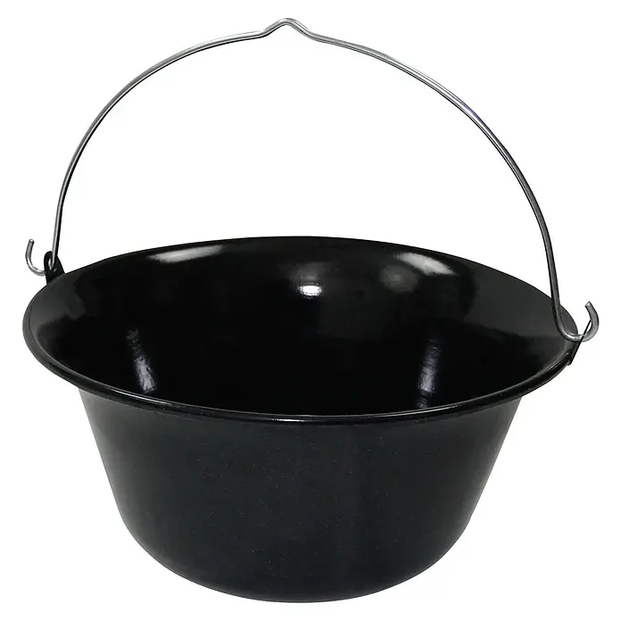 Buschbeck Gulaschtopf - 6 l - Nahaufnahme eines schwarzen emaillierten Kochkessels mit einem silberfarbenen Griff. Ideal zum Kochen im Freien oder für traditionelle Gerichte.
