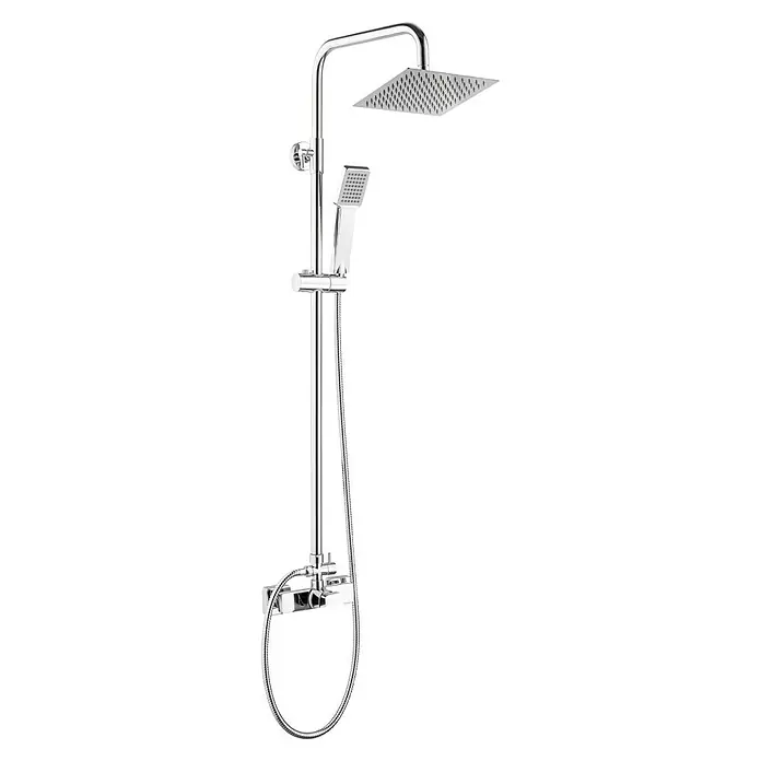 Sistema de ducha Chale - Con grifo monomando, Número de tipos de chorro: 1 ud., Gris - Columna de ducha cromada con cabezal cuadrado y ducha de mano para una experiencia de baño moderna.