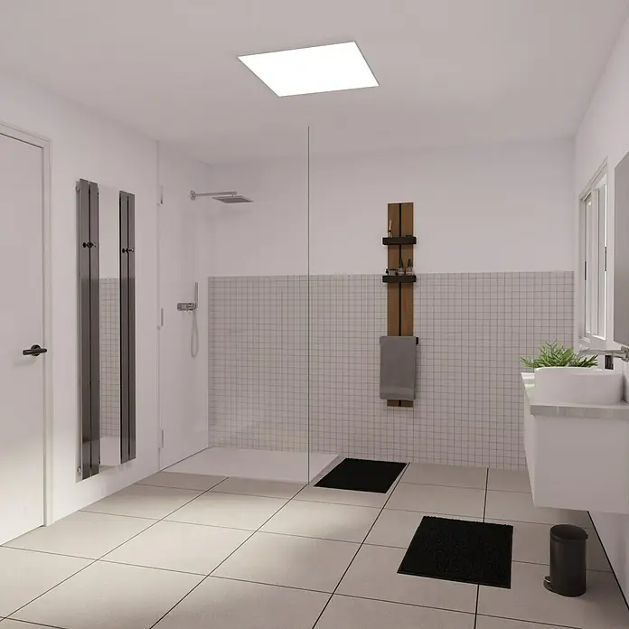 Mosaikfliese Beton - 30 x 30 cm, Grau, Matt - Helles Badezimmer mit quadratischer Deckenleuchte, Dusche mit Glaswand, Waschbecken und Handtuchhalter.