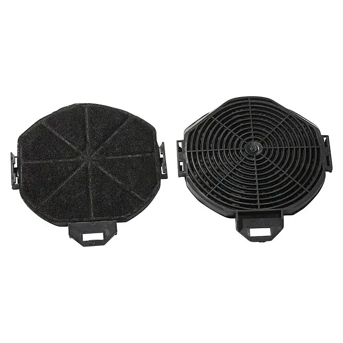 PKM Aktivkohlefilter CO 2Kunststoff, Gesamtstückzahl: 2 Stk., Passend für: PKM Dunstabzugshauben 9041/60XBG, 9041/80XBG, 9041/80XWG - Zwei runde Dunstabzugshaubenfilter, einer mit Aktivkohle und der andere mit einem schwarzen Kunststoffgitter.