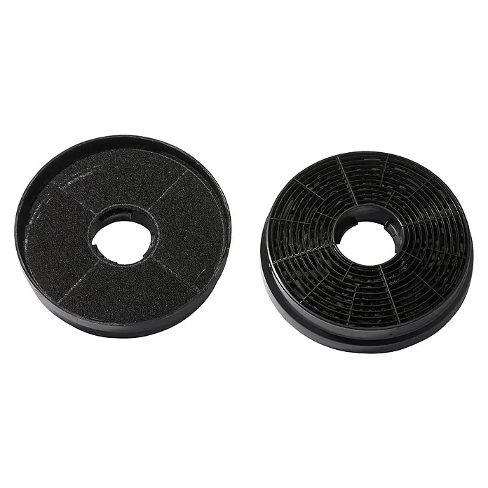 PKM Aktivkohlefilter CF 130 - Kunststoff, Gesamtstückzahl: 2 Stk., Passend für: PKM Dunstabzugshauben 6002-2H, 6091H, 6090-2H, GS1-60 CIXPH, 9090-2H, 6090Y" - Zwei runde, schwarze Dunstabzugshaubenfilter mit unterschiedlichen Designs, die Gerüche und Partikel beim Kochen entfernen.