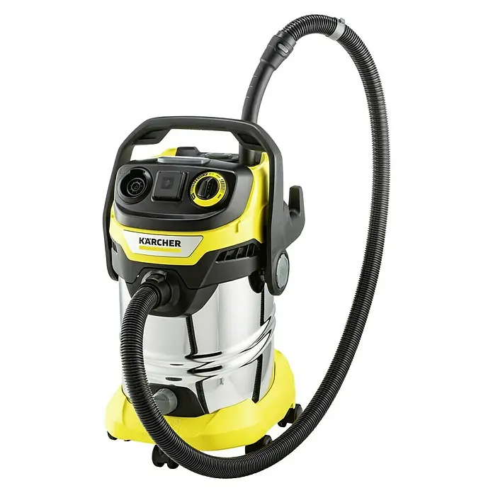 Kärcher Elektro-Nass- & Trockensauger WD6 P S V-30/6/22/T - 1.300 W, Behältervolumen: 30 l - Abbildung eines Kärcher Mehrzwecksaugers in Gelb und Silber mit schwarzem Schlauch. Ideal für Haus, Werkstatt & Auto.