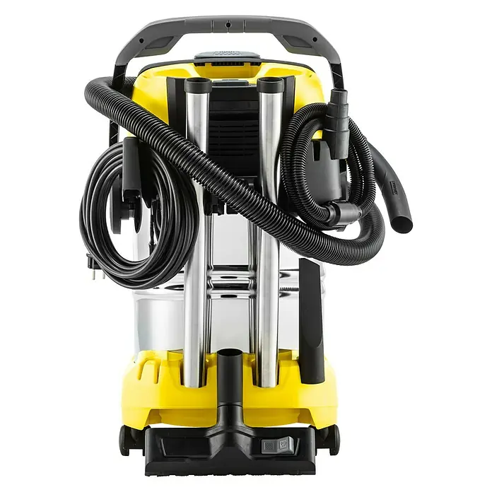 Kärcher Elektro-Nass- & Trockensauger WD6 P S V-30/6/22/T - 1.300 W, Behältervolumen: 30 l - Abbildung eines gelb-silbernen Mehrzwecksaugers mit Griff, Schlauch und Kabel. Ideal für verschiedene Reinigungsaufgaben in Haus und Werkstatt.
