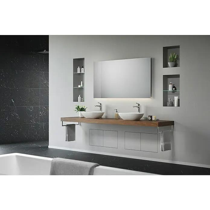 Knauf Wandnischen-Set XL - 100 x 36,2 cm - Elegantes Badezimmer-Interieur mit Doppelwaschtisch, Holzplatte, stilvollem Spiegel und integrierten Nischen zur dekorativen Aufbewahrung.
