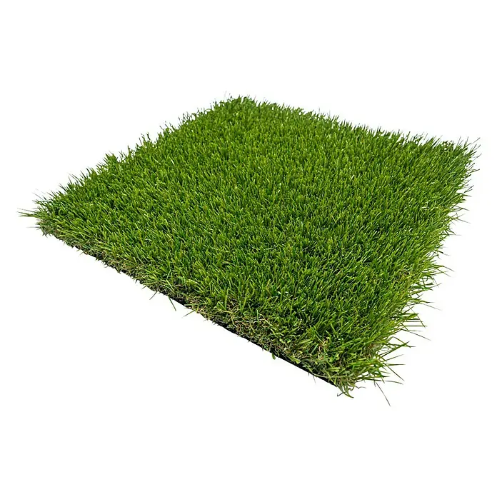 Césped artificial Jamaica - 5 x 1 m, Altura del pelo: 35 mm, 21.000 puntadas/m² - Primer plano de una pieza de césped artificial, mostrando su textura densa y verde, ideal para exteriores y jardinería.