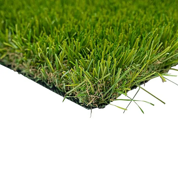 Césped artificial Jamaica - 5 x 1 m, Altura del pelo: 35 mm, 21.000 puntadas/m² - Primer plano de césped artificial que muestra una estructura de hierba realista y color verde. Ideal para jardines y terrazas.