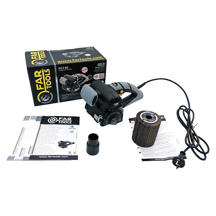 Fartools Renovierungsschleifer REX 80 Compact - 420 W - Abgebildet ist eine FAR Tools REX 80 Poliermaschine mit Zubehör, einschließlich Schleifwalze, Absaugstutzen, Bedienungsanleitung und Produktverpackung.
