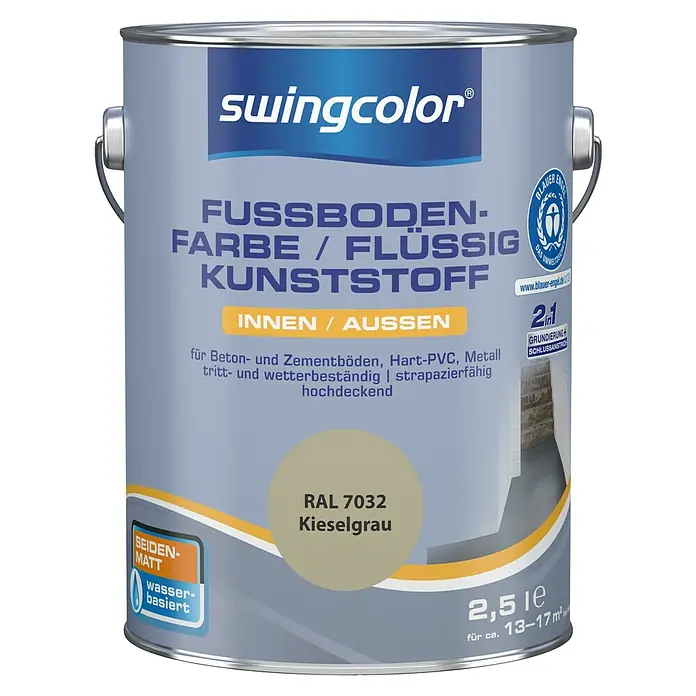 swingcolor 2in1 Fußbodenfarbe / Flüssig Kunststoff 2in1 RAL 7032 - Kieselgrau, 2,5 l, Seidenmatt - Dose Swingcolor Fussbodenfarbe flüssig Kunststoff, Farbton Kieselgrau RAL 7032, für Innen- und Aussenbereiche, 2,5 Liter.