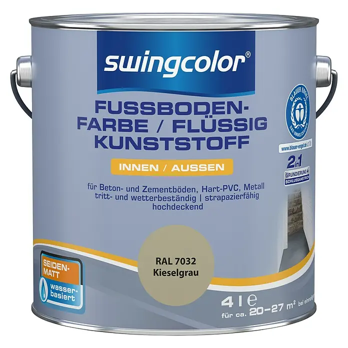 swingcolor 2in1 Fußbodenfarbe / Flüssig Kunststoff 2in1 RAL 7032 - Kieselgrau, 4 l, Seidenmatt - Dose Swingcolor Fussbodenfarbe, flüssig Kunststoff, RAL 7032 Kieselgrau, seidenglänzend, wasserbasiert für Innen- und Außenbereich.