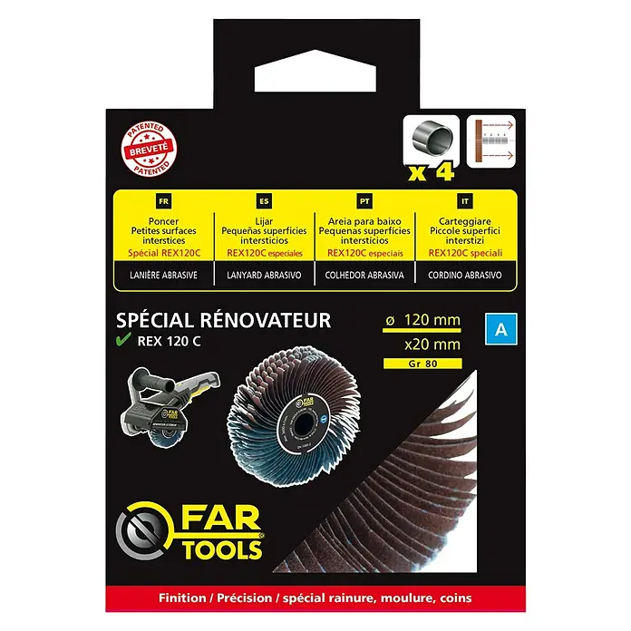 Fartools Bürstenwalze - Ø x H: 120 x 20 mm, Körnung: 80 - FAR Tools REX 120 C Schleifwerkzeug-Set: Ideal zum Schleifen kleiner Flächen und Zwischenräume, inklusive Schleifhülsen und Schleifscheibe.