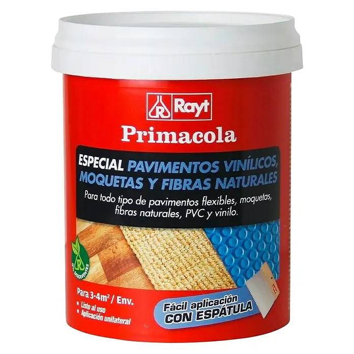 Rayt Adhesivo PVC Primacola Plus C-15 - 1.000 g - Un cubo rojo de Rayt Primacola, un adhesivo especial para suelos vinílicos, moquetas y fibras naturales, para una fácil aplicación con espátula.