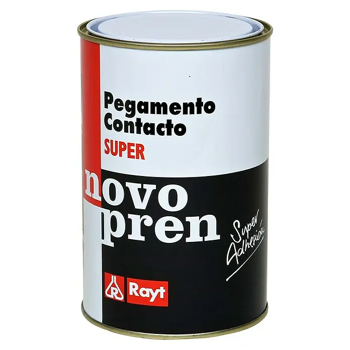 Rayt Adhesivo de contacto Novopren super - 300 ml - Bote de adhesivo de contacto Novo Pren Super con etiquetado rojo, blanco y negro de Rayt.