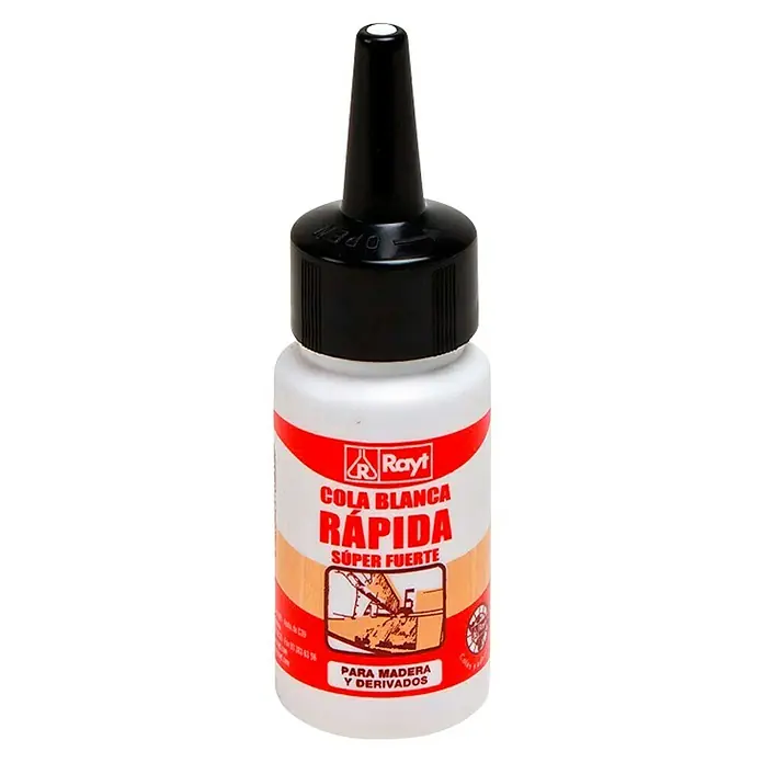 Rayt Cola blanca rápida Super fuerte - Botella, 50 g - Imagen de una botella de cola blanca Rayt Rapid, ideal para madera y productos de madera, con una fórmula de acción rápida y extra fuerte.