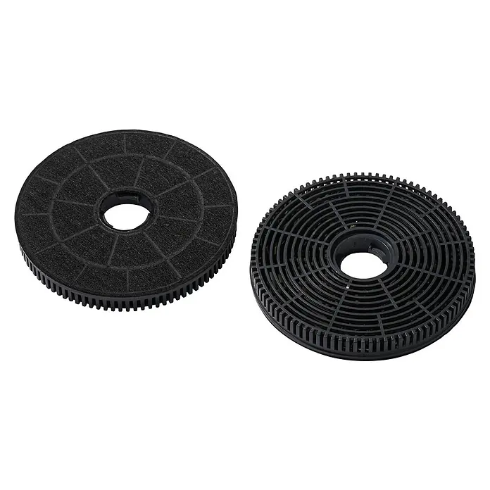 PKM Aktivkohlefilter CF 135 - Kunststoff, Gesamtstückzahl: 2 Stk., Passend für: PKM Dunstabzugshauben 6090T, 9090T - Zwei runde, schwarze Aktivkohlefilter mit radialem Design und einer zentralen Öffnung für Dunstabzugshauben, die eine saubere Luft gewährleisten.
