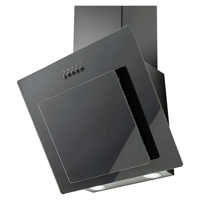 PKM Schräghaube 9039 X - Breite: 59,5 cm, Max. Gebläseleistung Abluftbetrieb: 405,1 m³/h, Schwarz - Nahaufnahme einer eleganten, schwarzen Dunstabzugshaube mit Glasfront und Bedienknöpfen, die moderne Küchenästhetik betont.