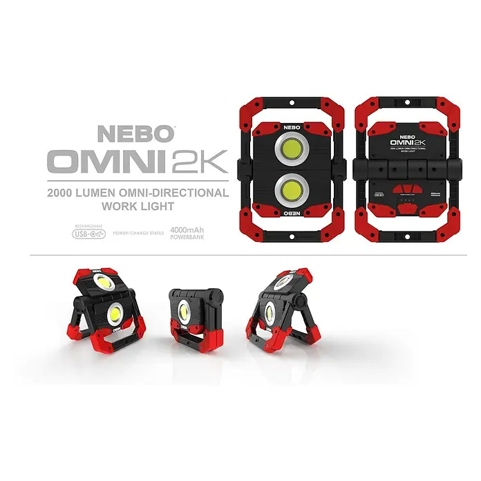Nebo Tools Luz de trabajo LED Omini 2K - 2.000 lm - Imagen de una lámpara de trabajo NEBO OMNI 2K, una fuente de luz versátil y recargable que cuenta con 2000 lúmenes y función de banco de energía.