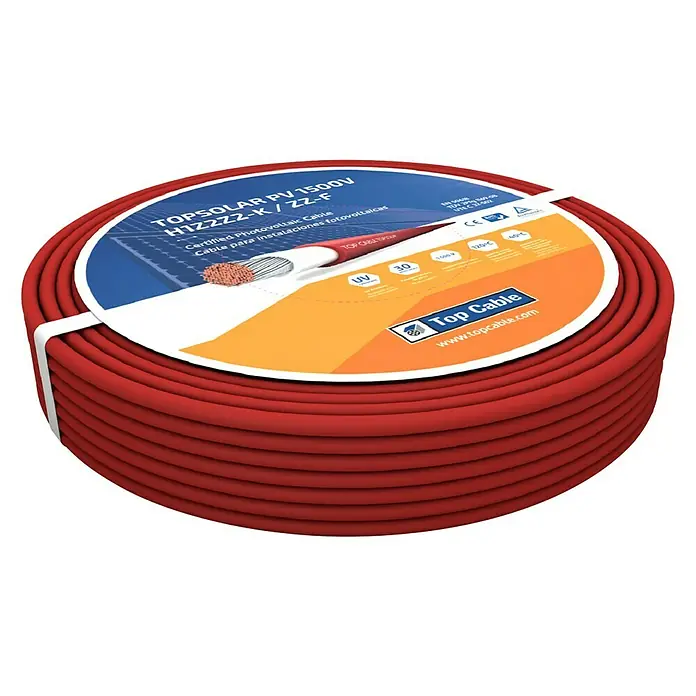 Cable de goma Top Solar - 25 m, Rojo - Rollo rojo de cable TOPSOLAR PV 1500V H1Z2ZZ-K/ZZ-F, certificado para instalaciones fotovoltaicas, de Top Cable con protección UV y larga vida.