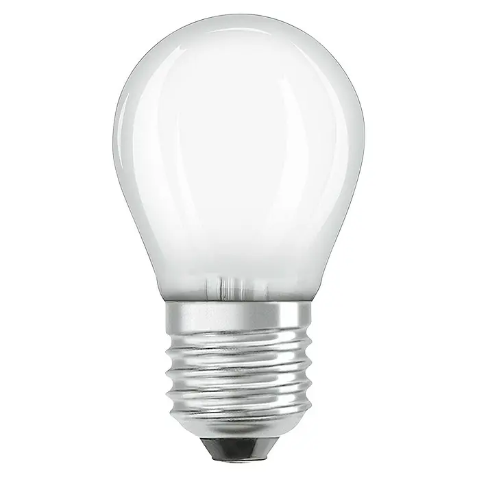 Osram Set de bombillas LED CLP40 - E27, Blanco cálido, 470 lm, 4,5 W, 3 ud. - Primer plano de una bombilla mate, globular, con base de rosca plateada sobre un fondo negro.