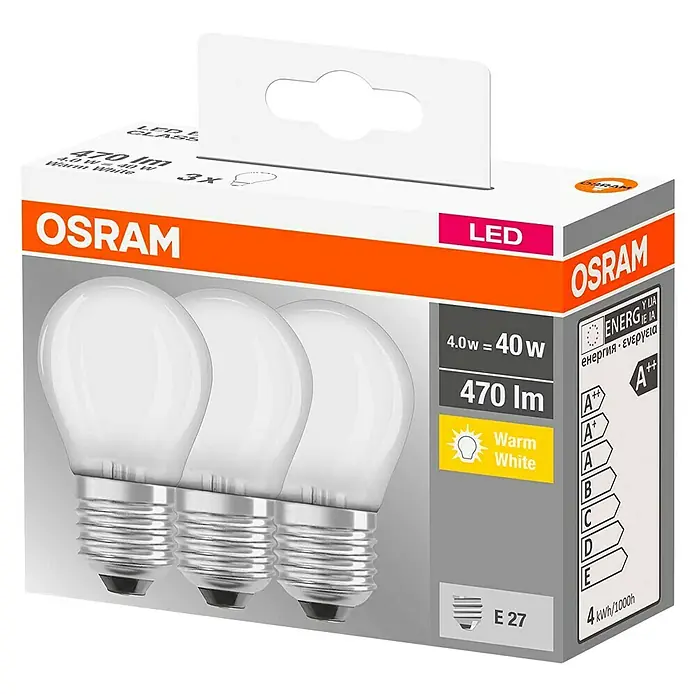 Osram Set de bombillas LED CLP40 - E27, Blanco cálido, 470 lm, 4,5 W, 3 ud. - Paquete de bombillas LED Osram con base E27, 4W de potencia, 470 lúmenes de brillo y luz blanca cálida para iluminación ambiental.