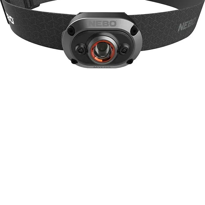 Nebo Tools Linterna frontal Mycro - 4,6 x 3,2 x 3,4 cm, 10 lm - 400 lm, IP67 - Primer plano de una lámpara frontal NEBO MYCRO con una diadema ajustable. Ideal para actividades al aire libre y trabajar en la oscuridad.