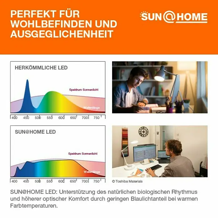 Ledvance SUN@Home Smart-LED-Lampe Smart+ WIFIE14, Dimmbar, Neutralweiß, 425 lm, 4,9 W - Diagramme und Bilder, die die Vorteile der SUN@HOME LED-Lampe hervorheben, mit Fokus auf Wohlbefinden und Ausgeglichenheit.