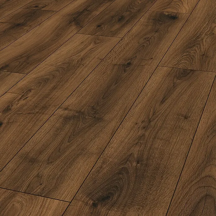 MyStyle MyDream Laminat - Bourbon Hill Oak, Landhausdiele, 1.285 x 192 x 14 mm - Nahaufnahme von luxuriösem Laminatboden in warmen Brauntönen, ideal für stilvolle Innenräume und strapazierfähige Bodenbeläge.