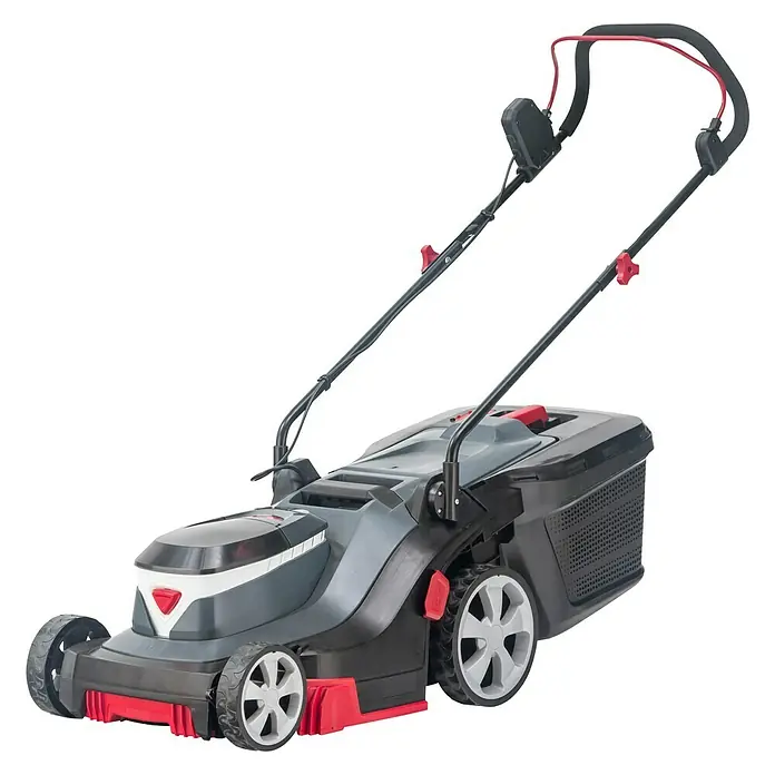 AL-KO Bosch Home & Garden Compatible Akku-Rasenmäher 3.82 Li Easy - 18 V, 2 Akkus, 4 Ah, Schnittbreite: 38 cm - Ein akkubetriebener Rasenmäher in Grau, Schwarz und Rot, ideal für die Gartenarbeit. Er verfügt über einen praktischen Fangkorb.