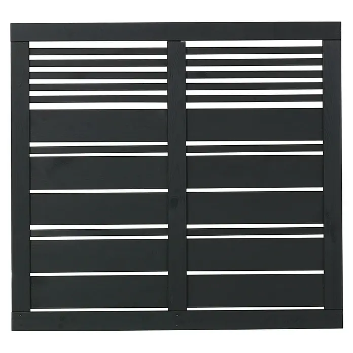 Plus Sichtschutzelement Silence - 120 x 110 cm, Holz, Schwarz - Diese Aufnahme zeigt ein modernes, dunkles Holzpaneel mit horizontalen Lamellen, ideal als Sichtschutz oder dekoratives Element.