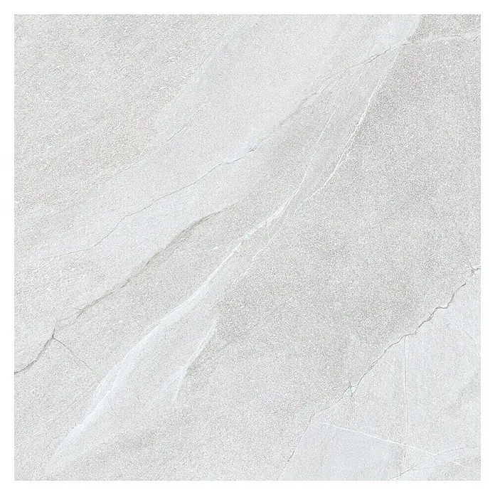 Pavimento porcelánico Halley - 60 x 60 cm, Light, Mate, Rectificado - Primer plano de una sola baldosa de cerámica gris con sutiles y ligeras vetas de mármol, adecuada para pisos o revestimientos.