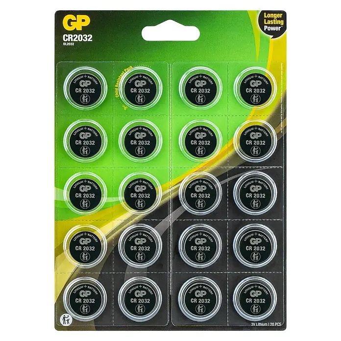 GP Lithium Batterie Knopfzellen CR2032 3V - 20 Stk. - Eine Packung GP CR2032 Lithium-Knopfzellenbatterien, die eine langanhaltende Energiequelle für kleine elektronische Geräte bieten.