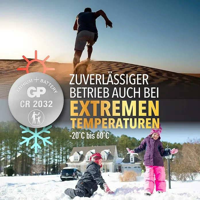 GP Lithium Batterie Knopfzellen CR2032 3V - 4 Stk. - Zuverlässige GP CR 2032 Lithium Batterie für extremen Temperaturen: Perfekt für Geräte, die sowohl Kälte als auch Hitze aushalten müssen.