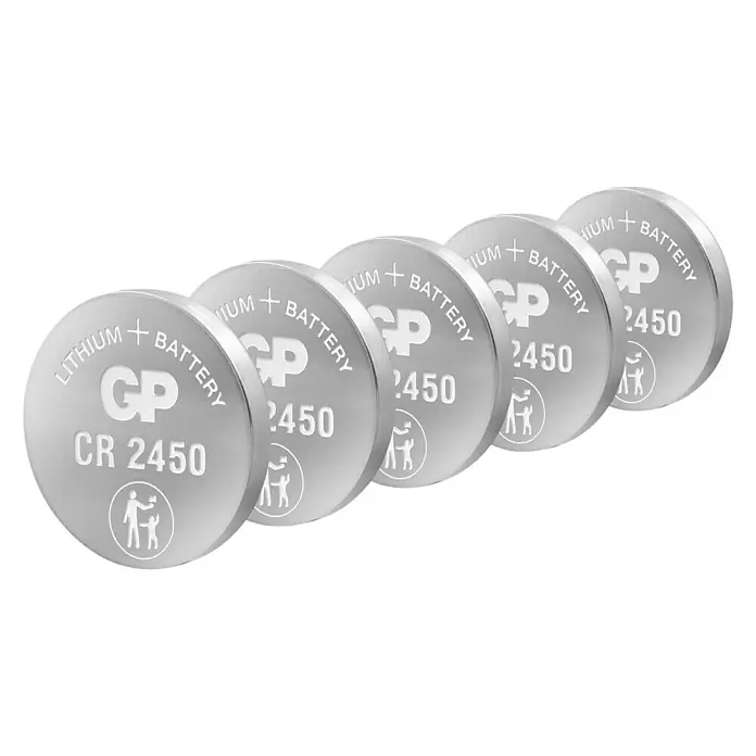 GP Lithium Batterie Knopfzellen CR2450 3V - 5 Stk. - Eine Nahaufnahme von fünf GP CR2450 Lithium Knopfzellen Batterien, die für langanhaltende Energie sorgen.