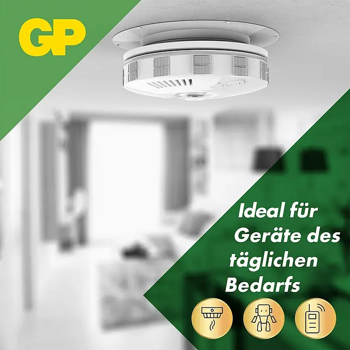 GP Super Batterie 9V Blockbatterien, Alkaline - 9 V, 8 Stk. - Das Bild zeigt einen GP Rauchmelder, der an einer Decke montiert ist. Der Rauchmelder ist weiß und hat ein modernes Design.