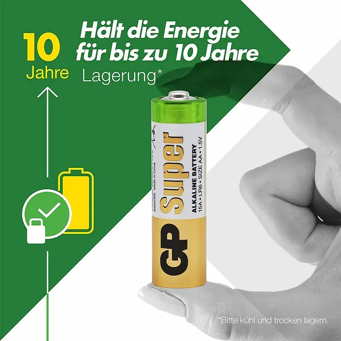GP Super Batterie AA Mignon/LR6, Alkaline - 1,5 V, 40 Stk. - Eine GP Super Alkaline Batterie AA 1.5V, die bis zu 10 Jahre Energie speichert. Ideal für Geräte des täglichen Gebrauchs.