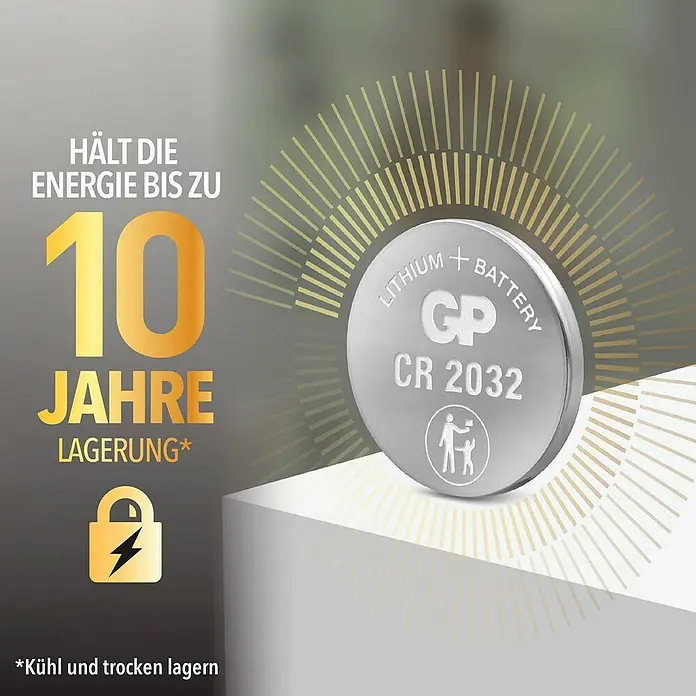 GP Lithium Batterie Knopfzellen CR2032 3V5 Stk. - Werbung für GP CR2032 Lithium-Knopfzellenbatterie. Bis zu 10 Jahre Lagerung, ideal für zuverlässige Energie.