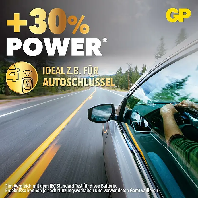 GP Lithium Batterie Knopfzellen CR2025 3V - 5 Stk. - Werbebild für GP Batterien mit dem Slogan "+30% Power" ideal für Autoschlüssel.
