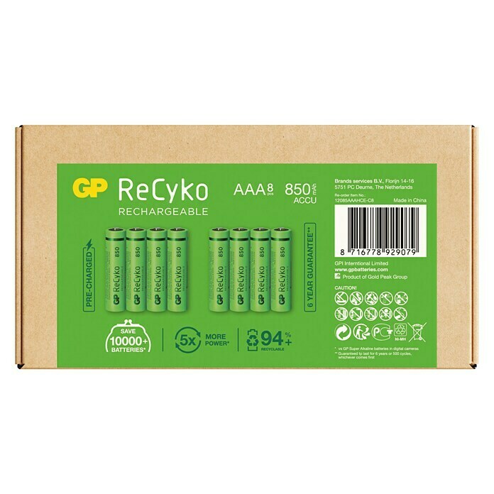 GP ReCyko Akku AAA Micro/HR03, 850 mAh, NiMH, Ready-to-use8 Stk., Wiederaufladbar Top View