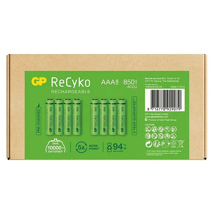 GP ReCyko Akku AAA Micro/HR03, 850 mAh, NiMH, Ready-to-use 8Stk - 850 mAh - Abbildung einer Packung GP ReCyko AAA-Akkus. Wiederaufladbare Batterien, 8 Stück, mit 850 mAh Kapazität und 6 Jahren Garantie.