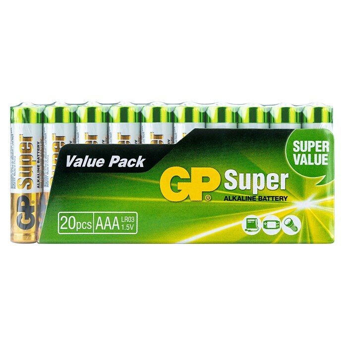 GP Super Batterie AAA Micro/LR03, Alkaline1,5 V, 20 Stk. Front View