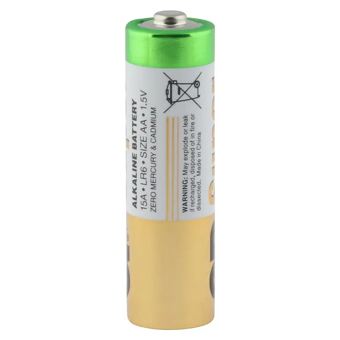 GP Super Batterie AA Mignon/LR6, Alkaline - 1,5 V, 40 Stk. - Detailaufnahme einer einzelnen AA-Alkaline-Batterie in Grün und Gold mit Warnhinweisen und Spezifikationen.