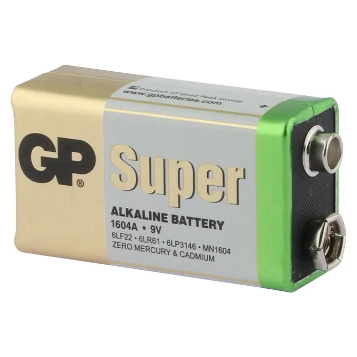 GP Super Batterie 9V Blockbatterien, Alkaline - 9 V, 8 Stk. - Nahaufnahme einer GP Super Alkaline 9V Batterie, ideal für diverse elektronische Geräte und den täglichen Gebrauch.