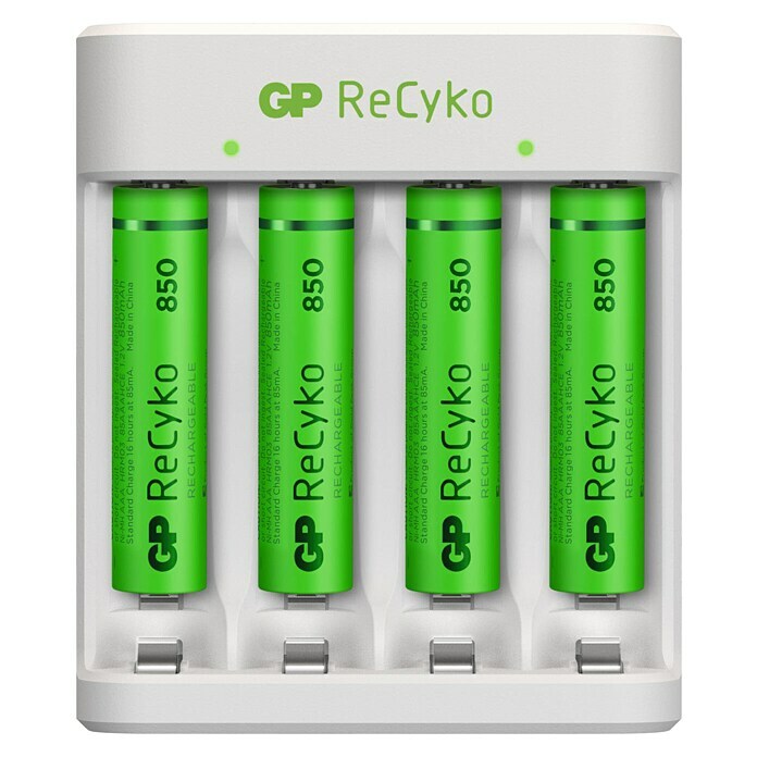 GP ReCyko Akkuladegerät AA/AAA4-Slot NiMH Batterieladegerät inklusive 4 Akkus AAA/Micro 850mAh Front View