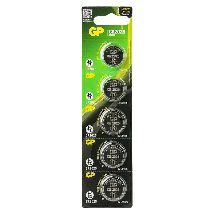 GP Lithium Batterie Knopfzellen CR2025 3V - 5 Stk. - Eine Packung GP CR2025 Lithium-Knopfzellen, bekannt für ihre lange Lebensdauer und die kindersichere Verpackung.