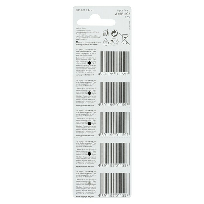 GP Knopfzelle Batterien LR44, Alkaline1,5 V, 5 Stk. Back View