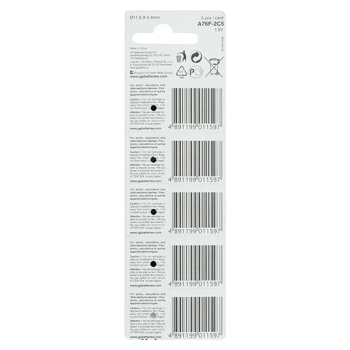 GP Knopfzelle Batterien LR44, Alkaline - 1,5 V, 5 Stk. - Bild einer Blisterpackung GP A76F-2C5 Knopfzellenbatterien, ideal für kleine elektronische Geräte, 1,5 V.