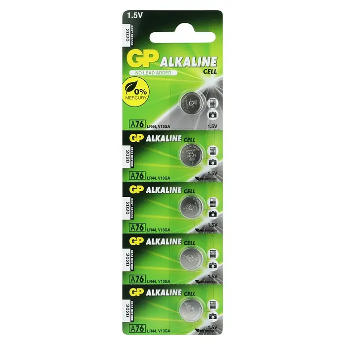 GP Knopfzelle Batterien LR44, Alkaline - 1,5 V, 5 Stk. - Abbildung einer Blisterpackung mit GP A76 Alkaline Knopfzellen Batterien, geeignet für Kameras und Taschenrechner.